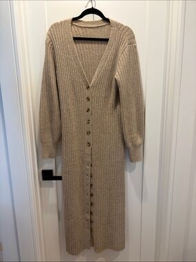Beige Rib-Knit Button-Front Women's Cardigan/Sweater Dress